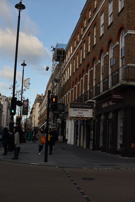 Urban street scene featuring a row of multi-story brick and stone buildings with storefronts on the ground level, including a shop with a sign reading 'EVERYMAN MARVELLOONE'. The street is populated w